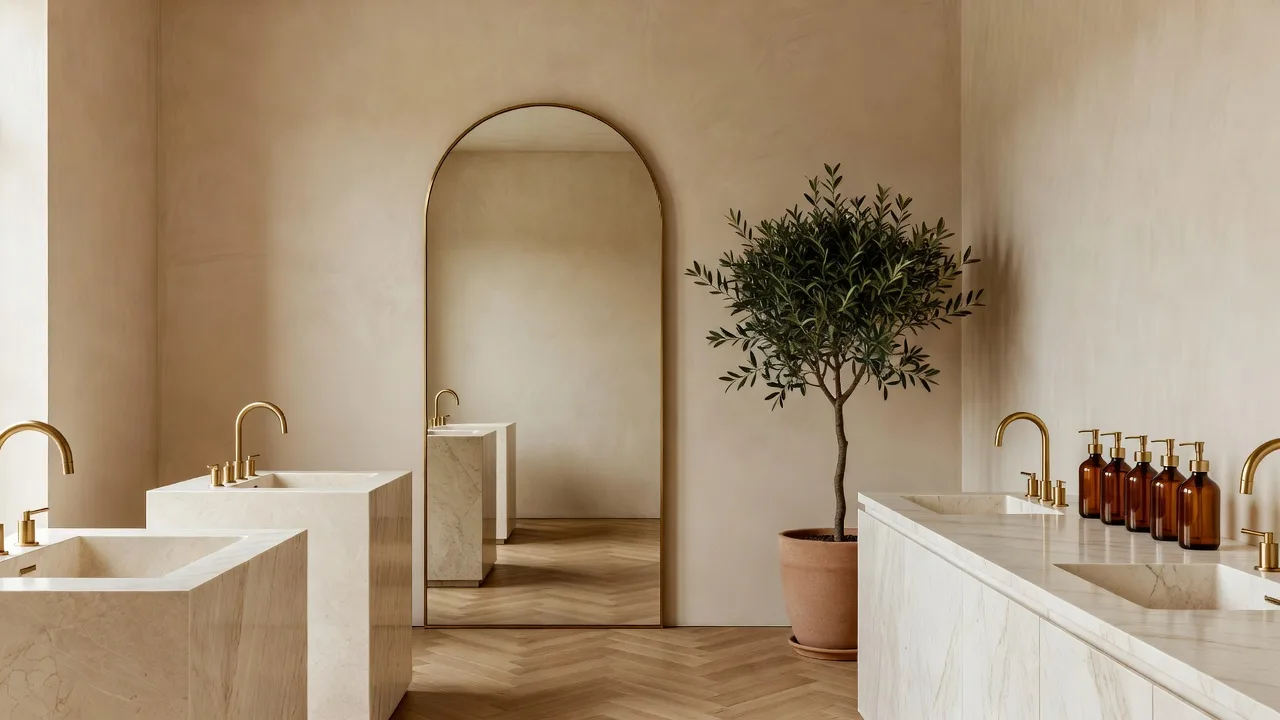 Innenansicht des Ateliers: warme Kalkputz-Wände, Messing-Armaturen, Olivenbaum